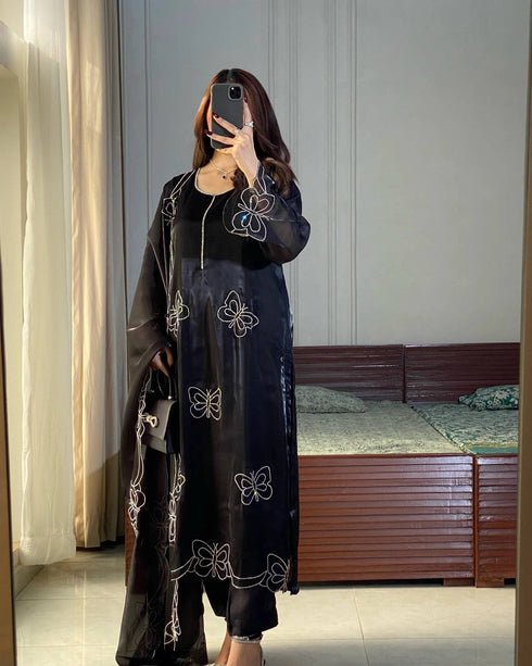 Black Embellished Party Wear Top ,Pant & Dupatta