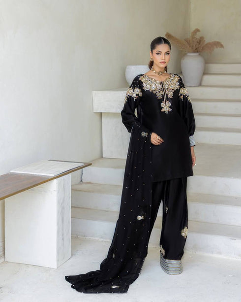 Luxury Black Embroidered Crape Silk Salwar Suit