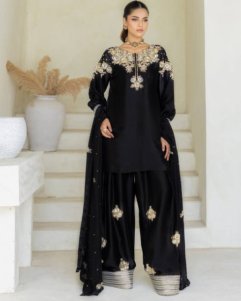 Luxury Black Embroidered Crape Silk Salwar Suit