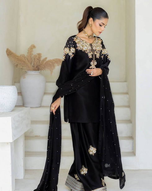 Luxury Black Embroidered Crape Silk Salwar Suit