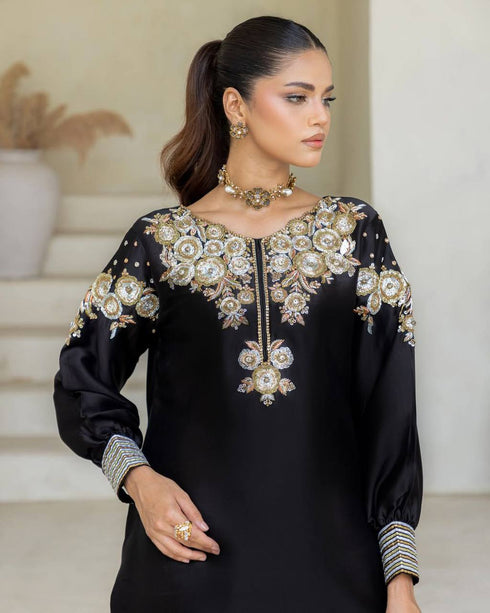 Luxury Black Embroidered Crape Silk Salwar Suit