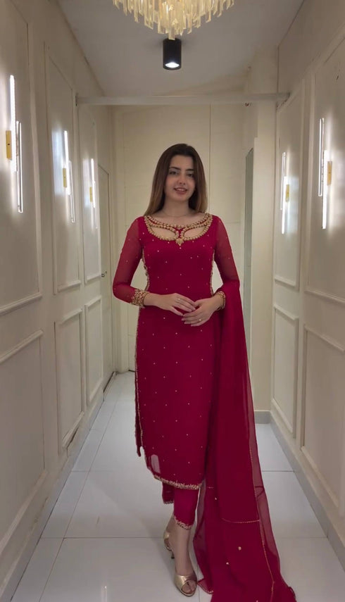 Red Royalty Embroidered Ensemble Kurti Set With Dupatta