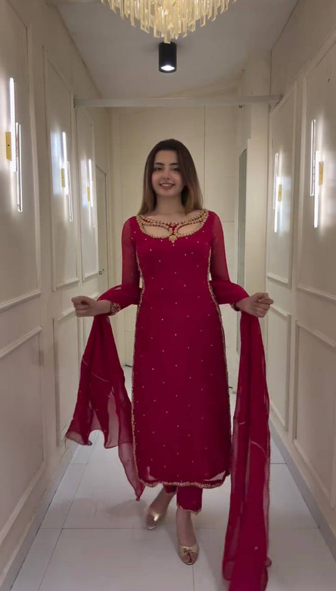 Red Royalty Embroidered Ensemble Kurti Set With Dupatta