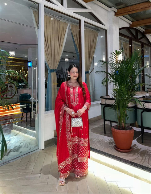 "Festive Flair In Handcrafted Red Sharara Suit With Dupatta "