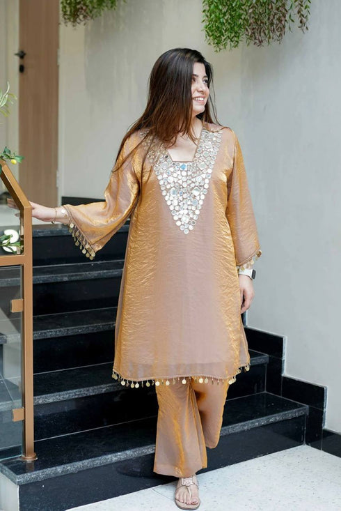 "Golden Glow Mirror Work Kurta Set"