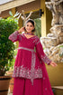 Front view of deep pink peplum palazzo set with silver thread embroidery on kurti and dupatta.