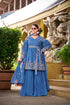 Full outfit flat lay showing deep blue peplum top, palazzo pants, and matching dupatta.