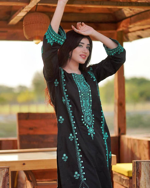 "Elegant Midnight Black Kurta Set With Aqua Ethnic Ensemble"