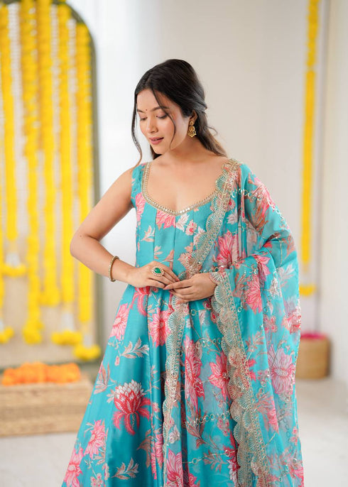 Graceful Floral Print Anarkali With Dupatta
