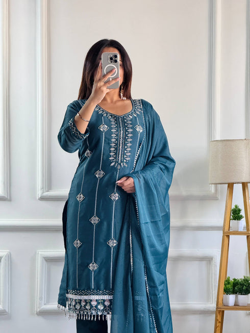 "Teal Grace Embroidered Party Wear Top, Pant With Fancy Duppata"