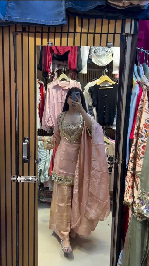 Stylish Cosmoss Mirror Work Palazzo Suit With Matching Dupatta