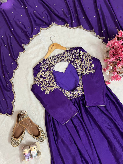 Designer Chinon Silk Anarkali Gown with Elegant Dupatta and Heavy Embroidery Work