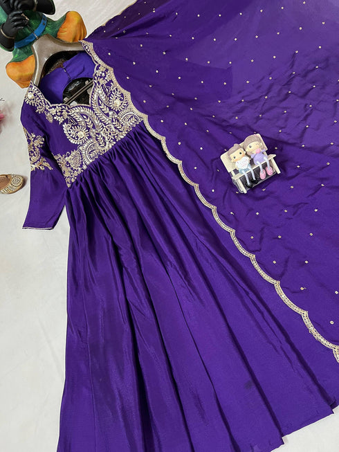 Designer Chinon Silk Anarkali Gown with Elegant Dupatta and Heavy Embroidery Work