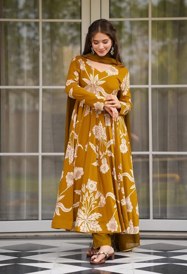 Mustard Floral Printed Anarkali Suit with Dupatta