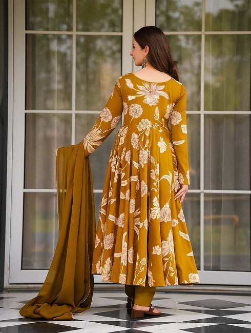 Mustard Floral Printed Anarkali Suit with Dupatta