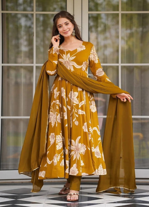 Mustard Floral Printed Anarkali Suit with Dupatta