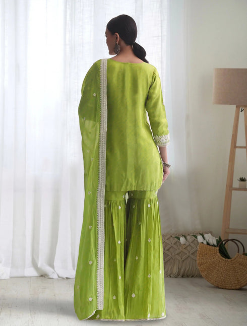 Embroidered Lime Green Sharara Suit Set with Dupatta