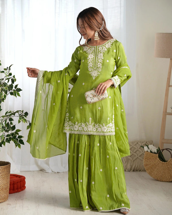 Embroidered Lime Green Sharara Suit Set with Dupatta