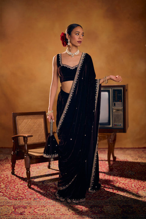 Royal Black Velvet Timeless Saree Ensemble