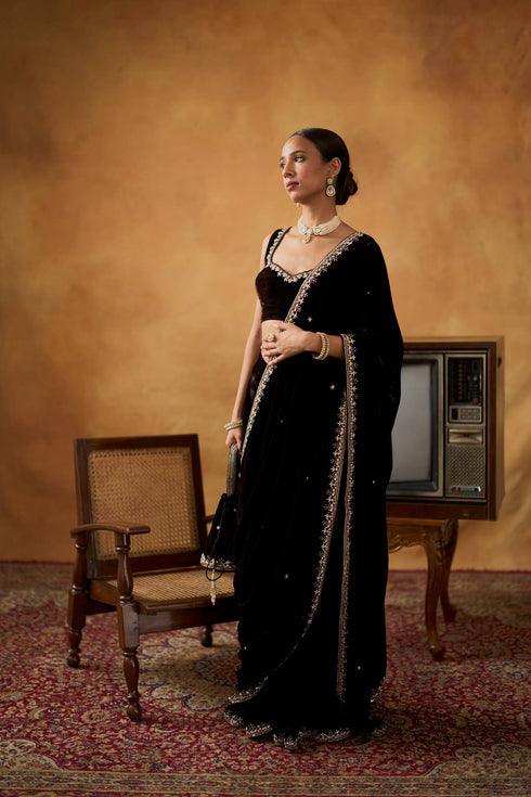 Royal Black Velvet Timeless Saree Ensemble