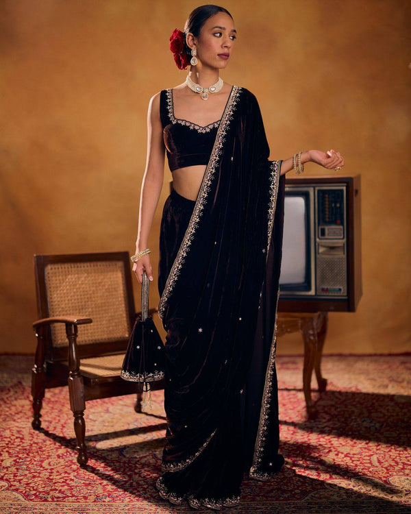 Royal Black Velvet Timeless Saree Ensemble