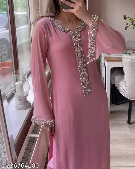 Elegant Pink Georgette Kurti Set with Moti Handwork & Dupatta