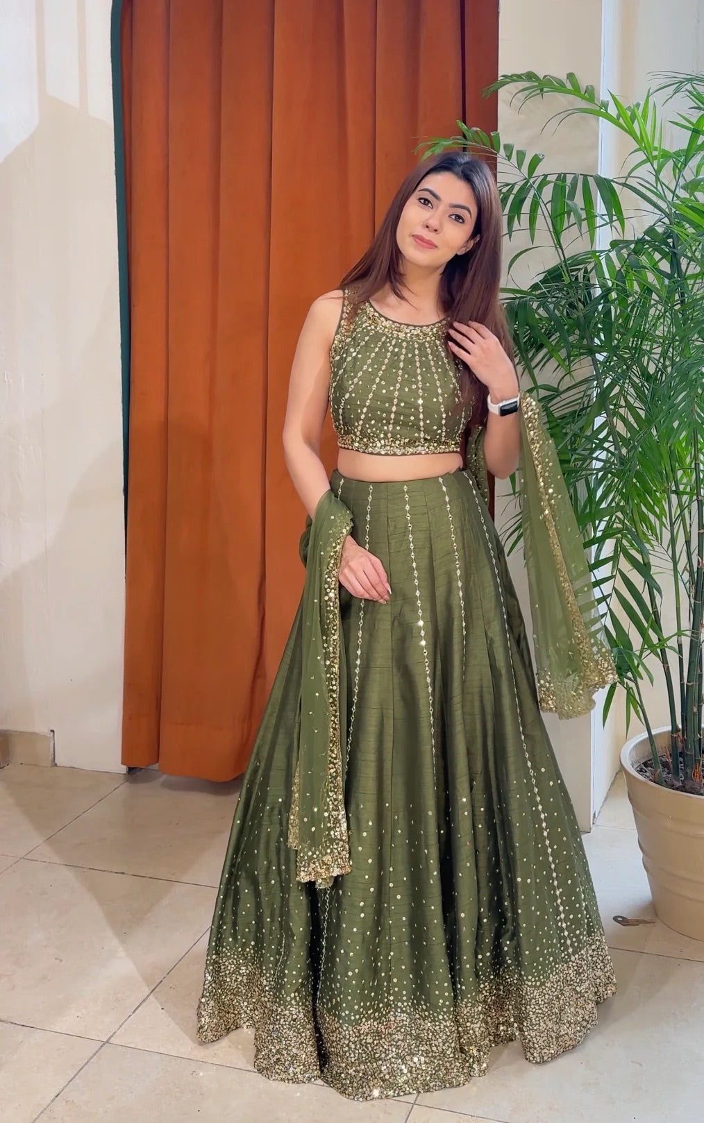 Glittering Olive Thai Silk Designer Lehenga Choli
