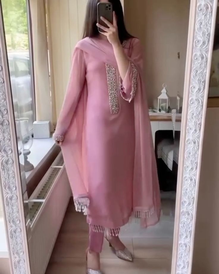 Elegant Pink Georgette Kurti Set with Moti Handwork & Dupatta