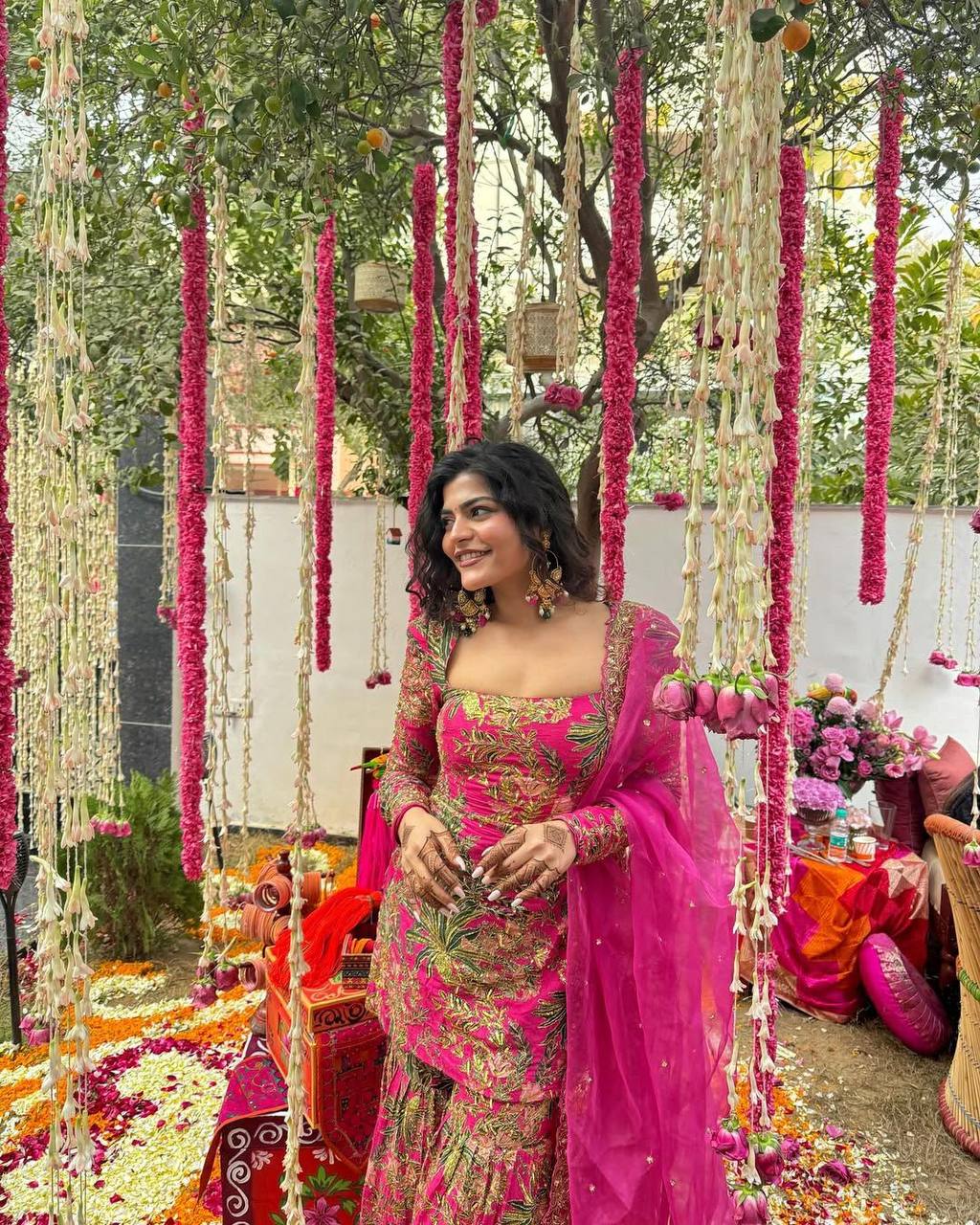 Front close-up of embroidery and print details on stylish ethnic outfit

