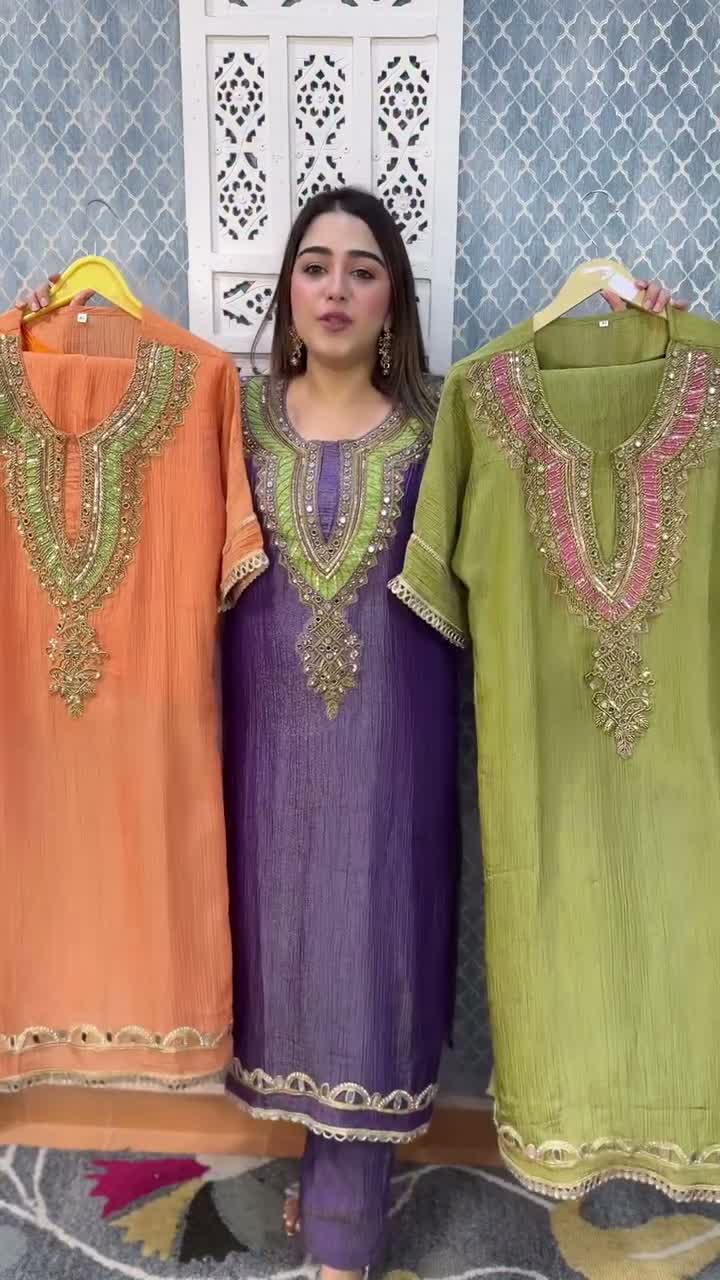 Stylish Embroidered Kurta Set with Heavy Neck Work