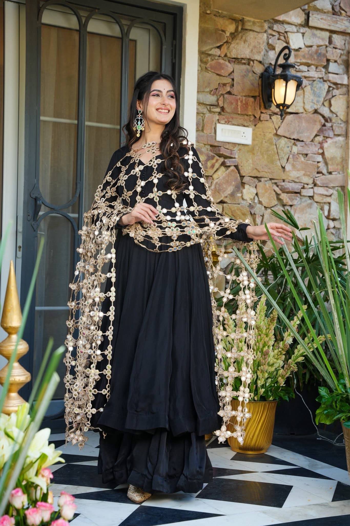 Luxury Black Anarkali Suit  Set With Designer Cape Dupatta