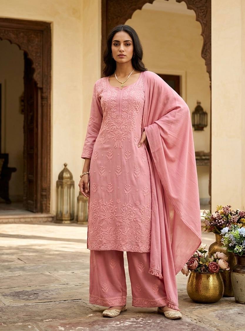Avelra Reyon Embroidered Kurta Palazzo Set